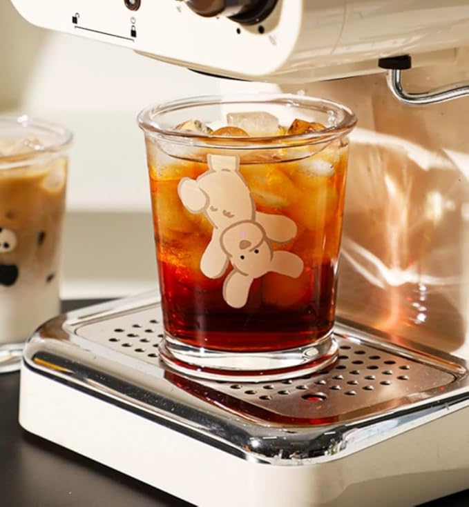 Set of 2 12 OZ French Drinking Glasses Clear Glass Coffee Cup Cute Bear Dog Glass Cups for Iced Tea,Juice,Coffee,Milk,Latte,Dessert,Stackable Glassware Drinkware Set