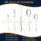 NICE KITCHEN 60 Piece Silverware Set for 12, Premium Stainless Steel Flatware Set, Eating Utensil Sets with Steak knives, Cutlery Tableware Service Include Fork Knife Spoon Set, Mirror Polished