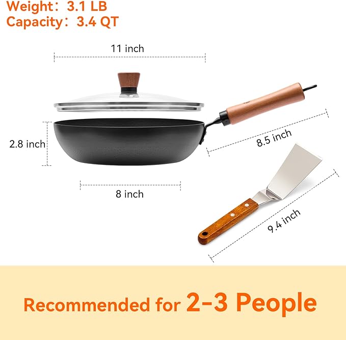 WANGYUANJI 11" Iron Skillet with Glass Lid & Griddle Spatula, Flat-Bottom Frying Pan, Uncoated & Unseasoned, Induction/Gas/Electric Compatible, Wooden Handle (Seasoning Required)