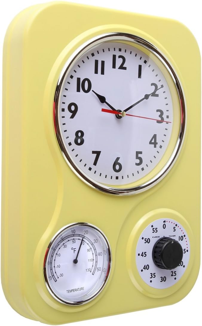 Lily's Home - 9.5 Inch x 12.5 Inch - Retro Kitchen Wall Clock, Vintage Wall Clock with a Thermometer and 60-Minute Timer, Ideal for Any Kitchen, Office, or Diner (Yellow)