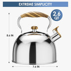 Whistling Tea Kettle for Stovetop, 2.6 Quart Food Grade Stainless Steel Tea Kettle with Wood Pattern Handle for Home Kitchen, Loud Whistle, Silver