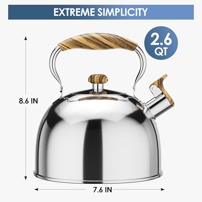 Whistling Tea Kettle for Stovetop, 2.6 Quart Food Grade Stainless Steel Tea Kettle with Wood Pattern Handle for Home Kitchen, Loud Whistle, Silver