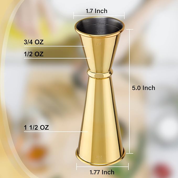 Jigger for Bartending, Briout Double Cocktail Jigger Japanese Premium 304 Food Grade Stainless Steel Jigger 2 OZ 1 OZ with Measurements Inside, Gold