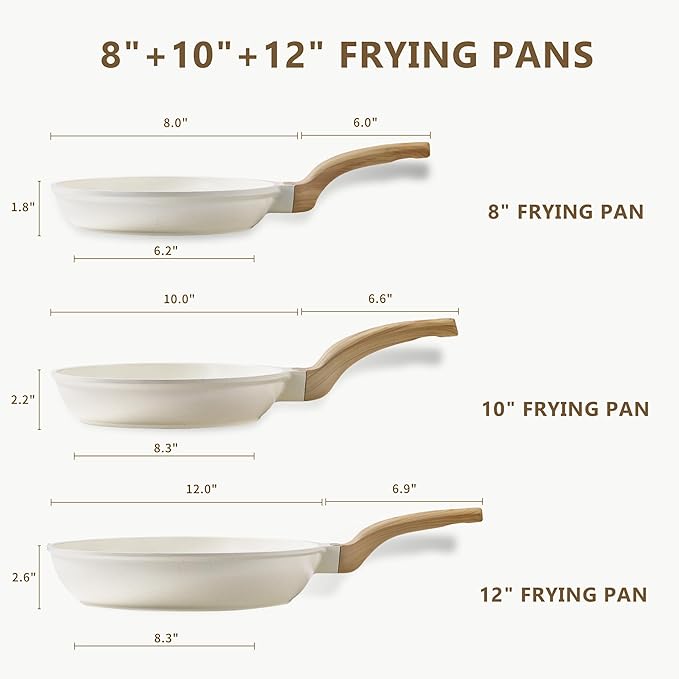 CAROTE Non Stick Frying Pan Skillet Set, Omelet Pan, Healthy Non Toxic Granite Chef Pan, Induction Compatible Egg Frying Pan with Heat-Resistant Handle, PFOA-Free,Cream White,8"+10"+12"