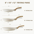 CAROTE Non Stick Frying Pan Skillet Set, Omelet Pan, Healthy Non Toxic Granite Chef Pan, Induction Compatible Egg Frying Pan with Heat-Resistant Handle, PFOA-Free,Cream White,8"+10"+12"
