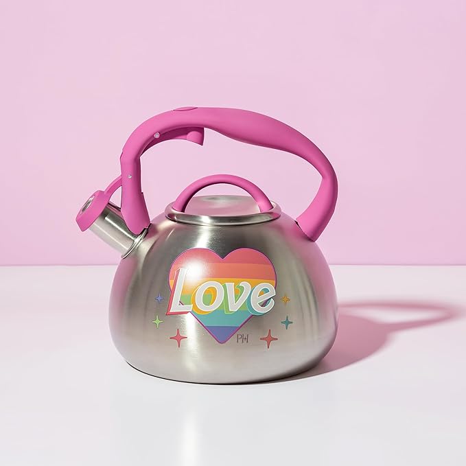 Paris Hilton Whistling Stovetop Tea Kettle, Stainless Steel with Rainbow Love Color Changing Heat Indicator Design, Soft Touch Handle, 2.5-Quart, Love Rainbow