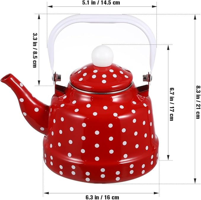 1.8 Quart Red Vintage Enamel Tea Kettle - Stovetop Safe Cute Retro Water Kettle, Enamel on Steel No Whistling Hot Water Pot for Home Kitchen Decor, Coffee & Tea Making
