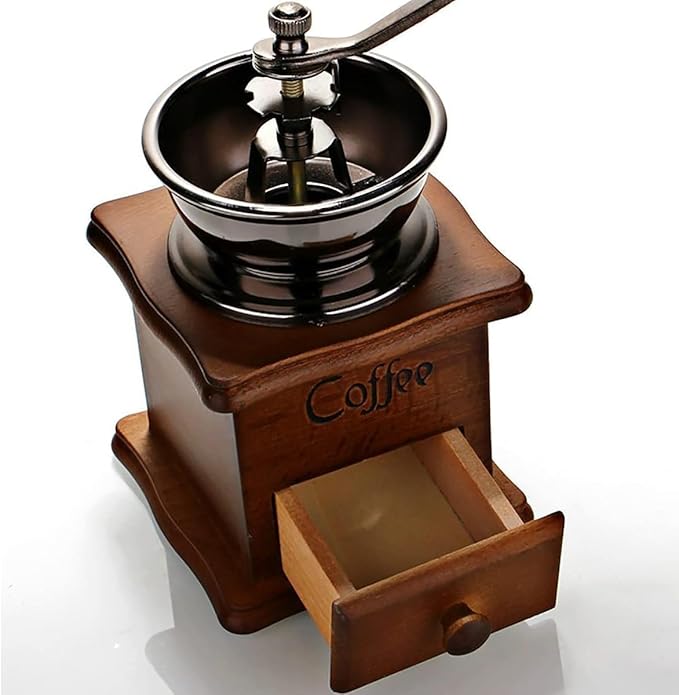 Wooden Manual Coffee Grinder Vintage Style Hand Coffee Mill Burr Coffee Grinder with Ceramic Hand Crank,Wooden Manual Coffee Grinder Cleaning Brush (Dark Brown Upgraded Version)