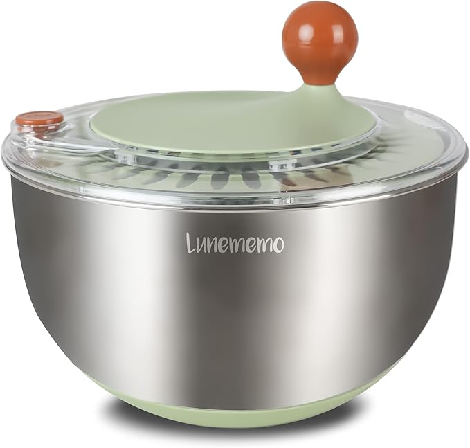 Lunememo Stainless Steel Salad Spinner, Lettuce Spinner with Drain, Non-Slip Base, Stop Button, Vegetable Dryer, BPA Free, 5.3 Qt