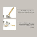 Martha Stewart Castelle 9.5-Inch Stainless Steel Frying Pan with Gold-Tone Handle – Tri-Ply Encapsulated Bottom, Oven Safe & Induction Safe Skillet for Searing and Sautéing
