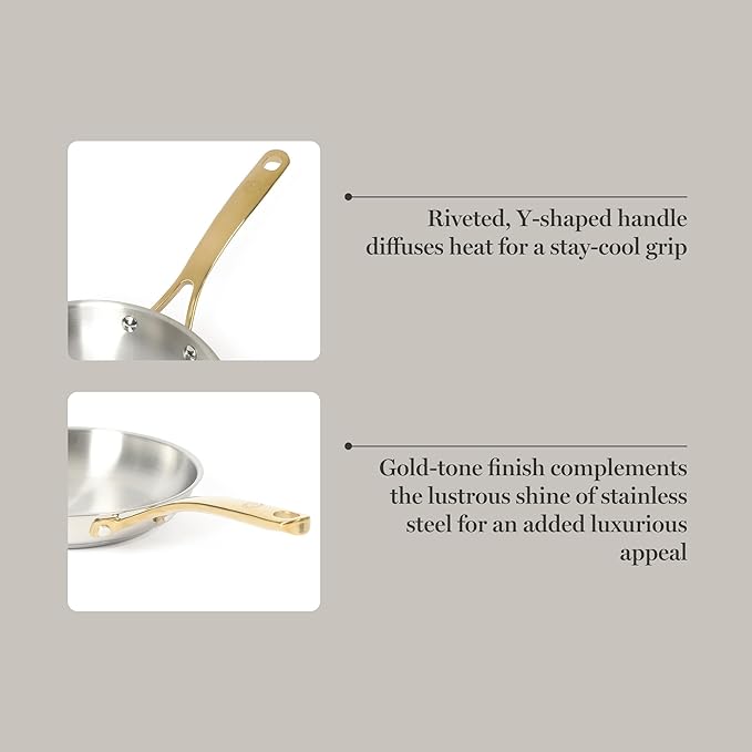 Martha Stewart Castelle 9.5-Inch Stainless Steel Frying Pan with Gold-Tone Handle – Tri-Ply Encapsulated Bottom, Oven Safe & Induction Safe Skillet for Searing and Sautéing