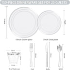 150 PCS Silver Disposable Dinnerware Set for 25 Guests, Silver Plastic Plates for Party, Including 25 Dinner Plates, 25 Salad Plates, 25 Cups, 25 Forks Knives Spoons for Wedding and Party Supplies