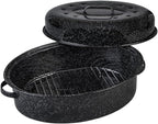 Granite Ware 19 inch oval roaster with Lid, V Rack included (Speckled Black) - design to accommodate up to 20 lb poultry/roast. Resists up to 935°F
