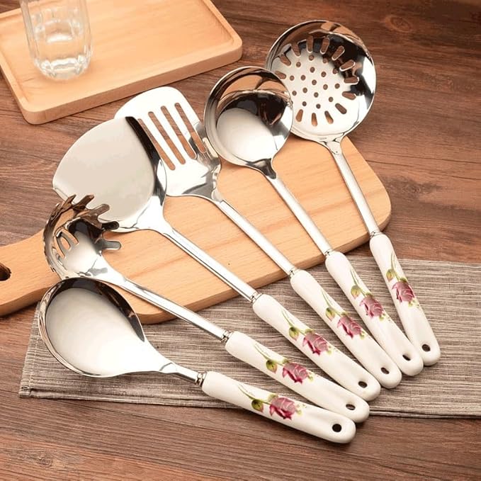 Ceramic Handles Cooking Tool Set Stainless Steel Kitchen Utensils Of Cookers Shovels Spoons(Black)