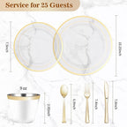 BESTVIP 300PCS Plastic Dinnerware Set (50 Guests), Clear Gold Disposable Plates for Party, Wedding, Christmas, Anniversary, Includes: Dinner Plates, Dessert Plates, Cups, Spoons, Forks and Knives