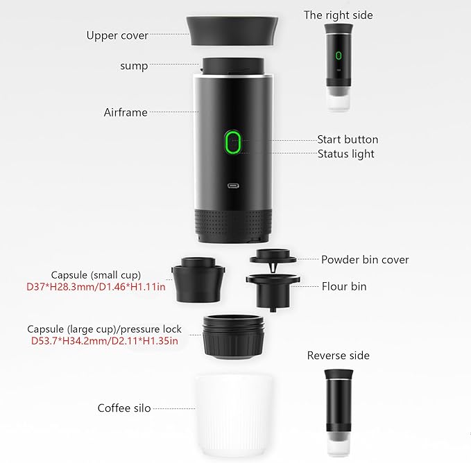 Decdeal Cordless Coffee Machine for Car Home Travel 3 in 1 Electric Coffee Maker Work With Capsule and Ground Coffee 15Bar Mini Cold Brew and Heating Coffee Maker with 150ml Cup