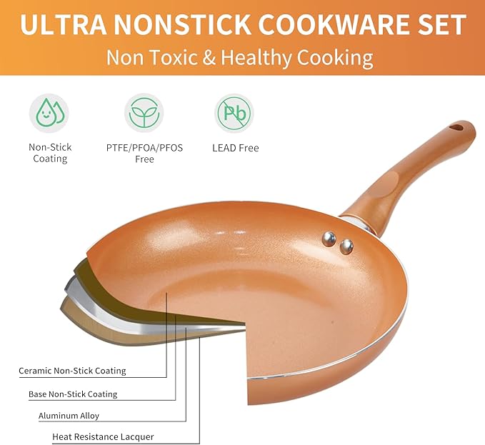 M MELENTA Pots and Pans Set Ultra Nonstick, Pre-Installed 11pcs Cookware Set Copper with Ceramic Coating, Stay cool handle & Nylon Kitchen Utensils, Gas/Induction Compatible, 100% PFOA Free