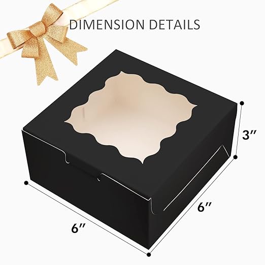 Bakepacker 100pcs Black Bakery Boxes with Window 6x6x3 inches Thick & Sturdy Macaroon Pastry Boxes Cookie Boxes for Bakerys