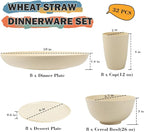 Wheat Straw Dinnerware Sets for 8, 32 PCS Unbreakable Plates and Bowls Sets, Kitchen Dish Set - Dinner Plate/Dessert Plate/Cereal Bowl/Cup, for Outdoor Camping RV Apartment Essentials - Beige