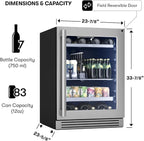 Zephyr 24" Wine Fridge & Beverage Refrigerator Single Zone Under Counter - Mini Wine Cooler Cellars Small Beer Fridge Cabinet Drink Chiller Freestanding Wine Beverage Cooler, 7 bottles,112 cans