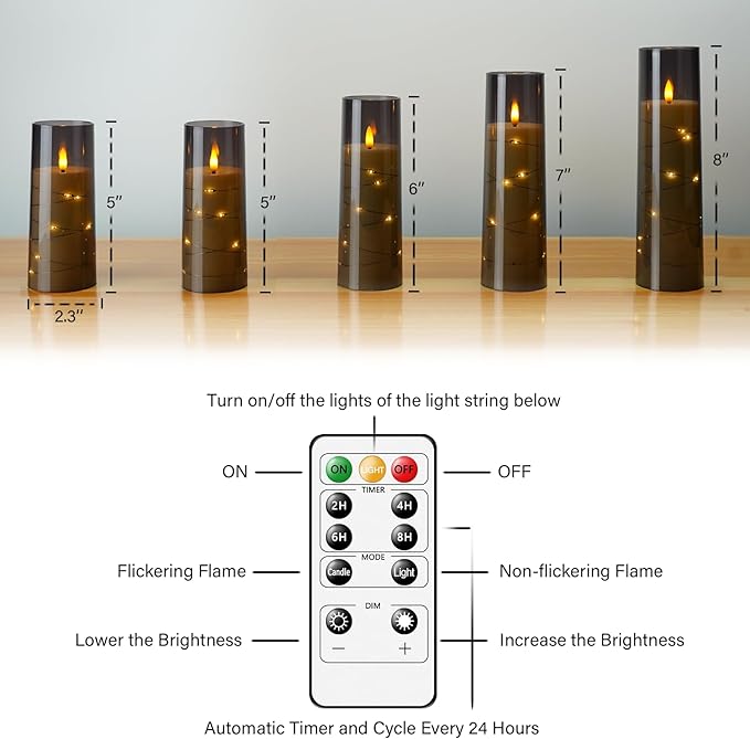 Flameless LED Candles with Timer 5 Pc Flickering Flameless Candles for Romantic Ambiance and Home Decoration Stable Acrylic Shell,with Embedded Star String，Battery Operated Candles（Grey）
