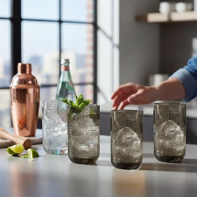 Glaver's Smoke Highball Drinking Glasses, 17 Ounces, Cocktail Bar Vintage Kitchen Glasses, Set of 4 Elegant Everyday Premium Basic Heavy Duty Glassware Set