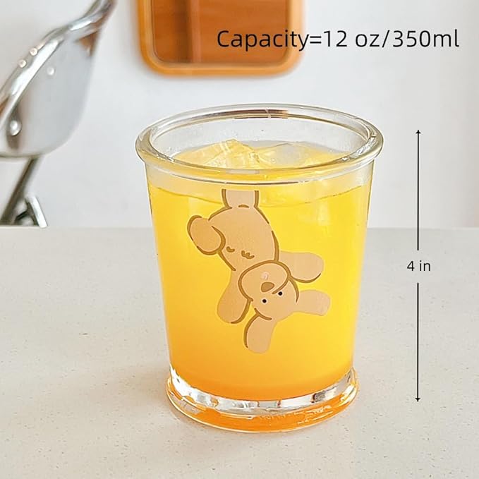 Set of 2 12 OZ French Drinking Glasses Clear Glass Coffee Cup Cute Bear Dog Glass Cups for Iced Tea,Juice,Coffee,Milk,Latte,Dessert,Stackable Glassware Drinkware Set