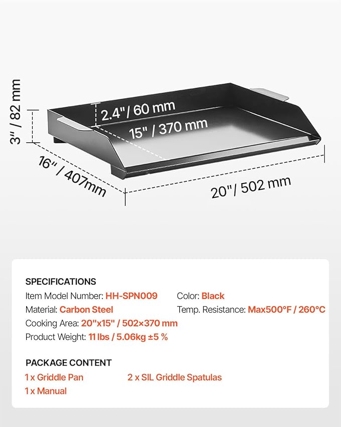 VEVOR Carbon Steel Griddle, 20x16 inch Universal Flat Top Rectangular Plate, Gas Grill Griddle for BBQ Grill, Teppanyaki, Portable Family Cookware, for Camping Tailgating Party