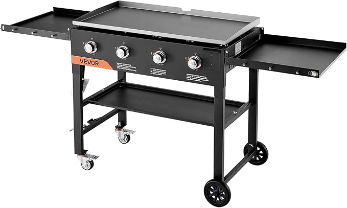 VEVOR Gas Griddle, 4-Burner Flat Top Grill, 36 inch Grill Plate Foldable Propane Griddle with Wheels, 60000 BTU Outdoor Flat Top Grills for Pan-Frying, Grilling, Stir-Frying, & BBQ, Pulse Ignition