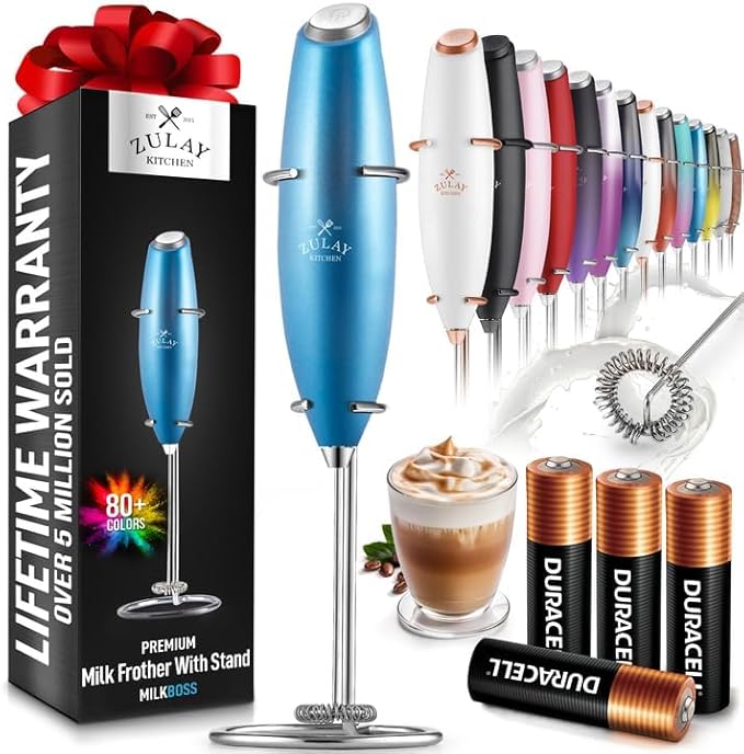 Zulay Kitchen Powerful Milk Frother Wand With 4 AA Duracell Batteries - Ultra Fast Handheld Drink Mixer - Electric Whisk Foam Maker for Coffee, Lattes, Cappuccino, Matcha & Creamer - Metal Blue