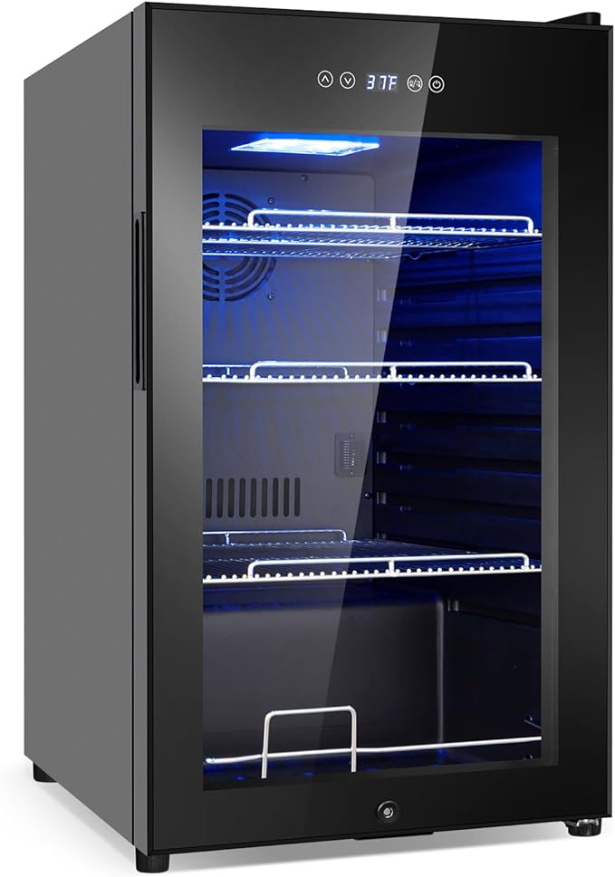 Beverage Refrigerator 17 inch Wide - 126 Can Beverage Cooler with Glass Door | Counter-Top/Freestanding Mini Beverage Beer Fridge | Temperature Memory | Invisible Door | Perfect for Soda, Beer