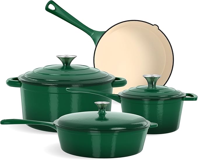Kitchen Academy 7Pcs Enameled Cast Iron Cookware Sets - Non Toxic Pots and Pans Set, Induction Nonstick Cookware Set, PFOA&PFAS Free (Emerd)