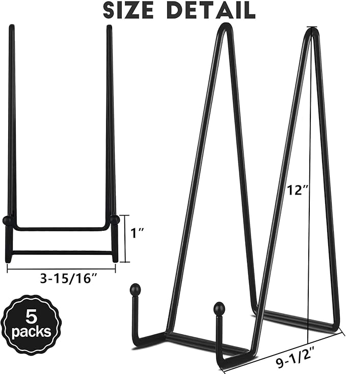 IBosins 5 Pack 12 Inch Plate Holder Display Stands, Large Metal Black Frame Stand for Picture, Book, Photo Easel, Creation, Collectibles