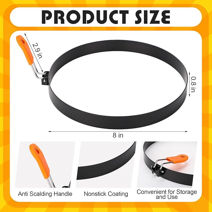 Tioncy 4 Packs Large Omelette Rings for Griddle 8 Inch Stainless Steel Nonstick Pancake Molds Round Omelet Egg Ring Maker with Silicone Handle Grill and Oil Brush for Frying Egg Omelette Muffins