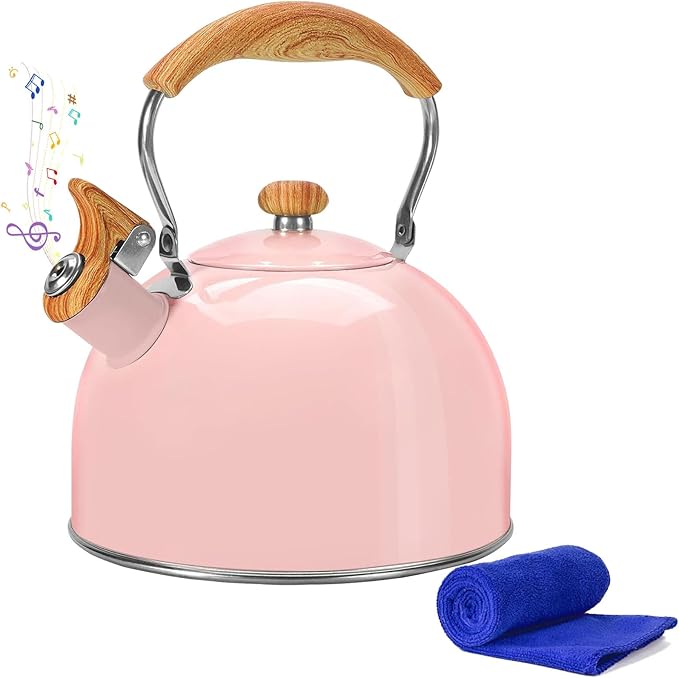 Tea Kettle,Whistling Tea Kettle Stovetop 2.6 Quart, Tea Pots for Stove Top Food Grade Stainless Steel,Wood Pattern Handle(Pink),With Anti Scald Towel