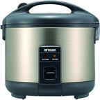 Tiger JNP-S10U 5.5 Cup Capacity White Rice Cooker with Spatula and Measuring Cup Bundle with Rice Washing Bowl and Bamboo Spoon (3 Items)