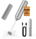 CIRCLE JOY Rechargeable Milk Frother Hanheld, Dual Coil Whisk Head Electric Coffee Frother, Portable Hand Frother Wand Drink Mixer for Matcha Lattes Cappuccino, Kitchen Gifts, Silver
