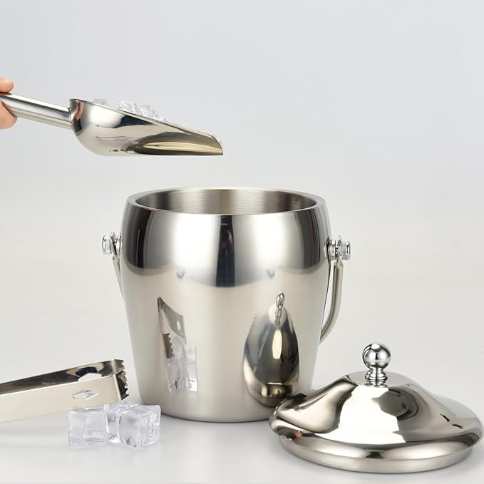 Ice Bucket with Lid, Scoop, IceTong,Stainless Steel Double-Wall Wine Ice Buckets for Parties,Beer and Wine Bucket,Bucket for Ice Chilling Champagne,2L