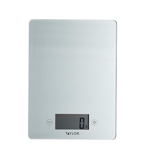 Taylor Pro Digital Glass Kitchen Food Scales, Ultra Thin Compact Design, Professional Standard with Tare Feature, Silver Finish Weighs 5 kg Capacity