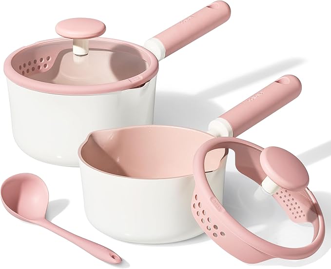 CAROTE 2.5QT & 3.0QT Sauce Pan Sets with Lid & Ladle Ceramic Nonstick Pot Set Non Toxic Saucepan with Stay-cool Handle Small Kitchen Cooking Pots, Easy to Clean, Induction Comptable, PFOA FREE