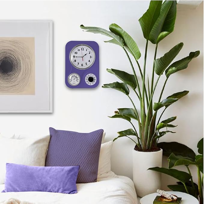 Lily's Home - 9.5 Inch x 12.5 Inch - Retro Kitchen Wall Clock, Vintage Wall Clock with a Thermometer and 60-Minute Timer, Ideal for Any Kitchen, Office, or Diner (Purple)