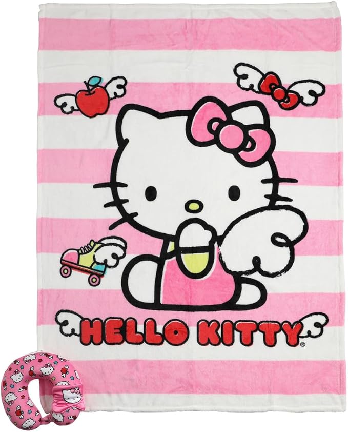 Bioworld Adult Hello Kitty Travel Set with Neck Pillow, Eye Mask, and Throw Blanket, Adorable Comfort for Hello Kitty Fans on the Go!