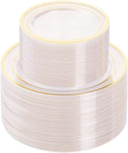 BESTVIP 200PCS Clear Gold Plastic Plate, Disposable Party Plates with 100 Dinner and 100 Dessert Plates, Plastic Plate for Party, Wedding and Birthday