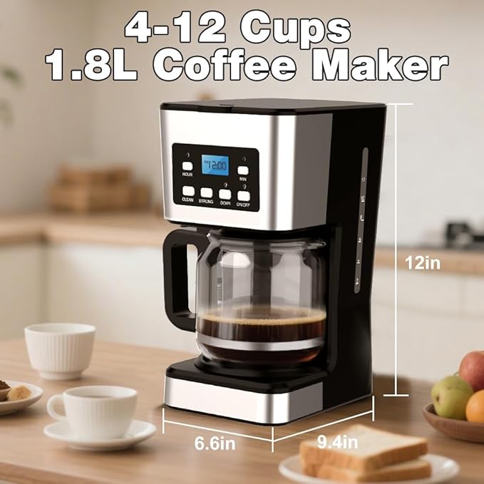 12-Cup Programmable Coffee Maker, Regular & Strong Brew Drip Coffee Machine for Home and Office, Glass Carafe, Pause & Serve, Auto Shut Off, Gray & Stainless Steel (Black)