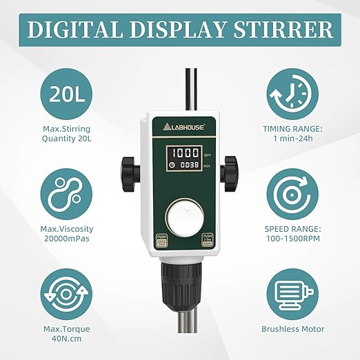 OS-15S Digital Overhead Stirrer 20L(H₂O) Lab Stirrer H-Base Stainless Steel Stand & 1 Stirring Paddle | 100-1500RPM,20000 mPas,Timing 1min-24h