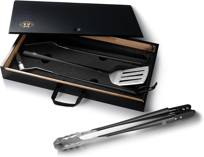 Schmidt Brothers - BBQ Carbon 6, 4-Piece Grilling Accessory Set, Full-Forged Stainless Steel Grilling Utensils Including Spatula, Fork, Basting Brush, and Tongs with All Wood Handles