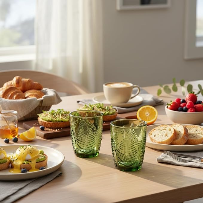 Vintage Green Drinking Glasses Set of 8 - 10 oz Hand-Pressed Deep Textured Glass Cups, Fern Embossed Retro Vintage Glassware, Decorative Cocktail Tumblers for Home & Bar, Colored Drinkware Gift Set
