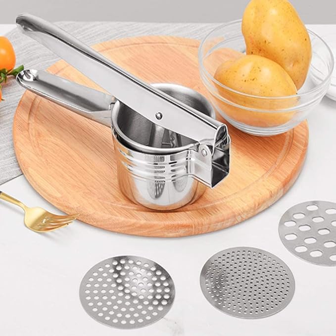 Potato Ricer Stainless Steel Masher, Large Capacity 15oz Potato Masher Kitchen Tool for Potatoes, Fruits, Vegetables and Baby Food, Juicer, Vegetable Strainer with 3 Interchangeable Ricing Discs