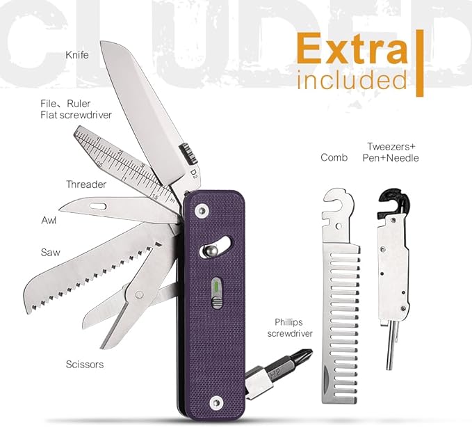 ROXON S503G 9 in 1 Mini Multi Tool EDC Pocket Knife Multitool with G10 Handle,Scissors,Screwdriver,Threader,Awl, Flat Screwdriver,Ruler,Tweezers for Outdoors Fishing Camping,Gifts for Men (Purple)