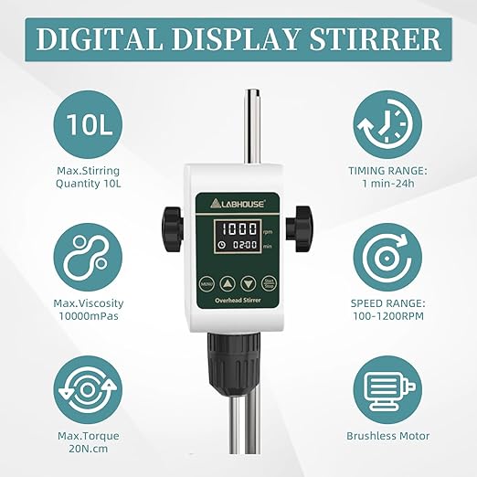 OS-5S Digital Overhead Stirrer 10L(H₂O) Lab Stirrer Flat-Base Stainless Steel Stand & 2 Stirring Paddles & Beaker Holder | 100-1200RPM,10000 mPas,Timing 1min-24h